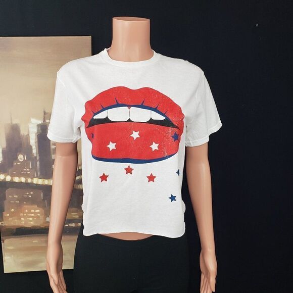 White T-shirt Top Mouth Logo Small - Picture 1 of 4